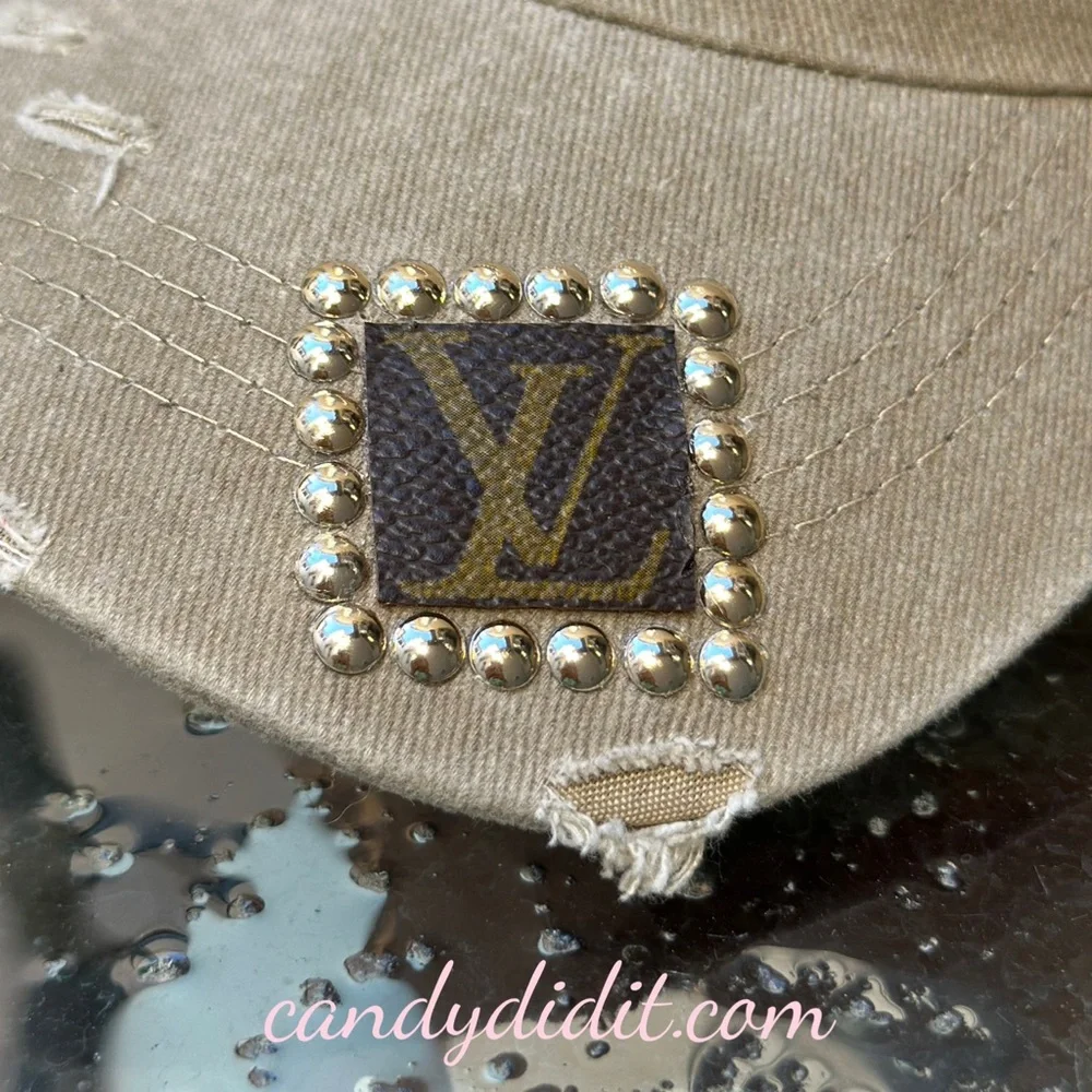 Unique Handmade Cherry Blossom Distressed Studded LV Tan Ball Cap - Picture 4 of 11